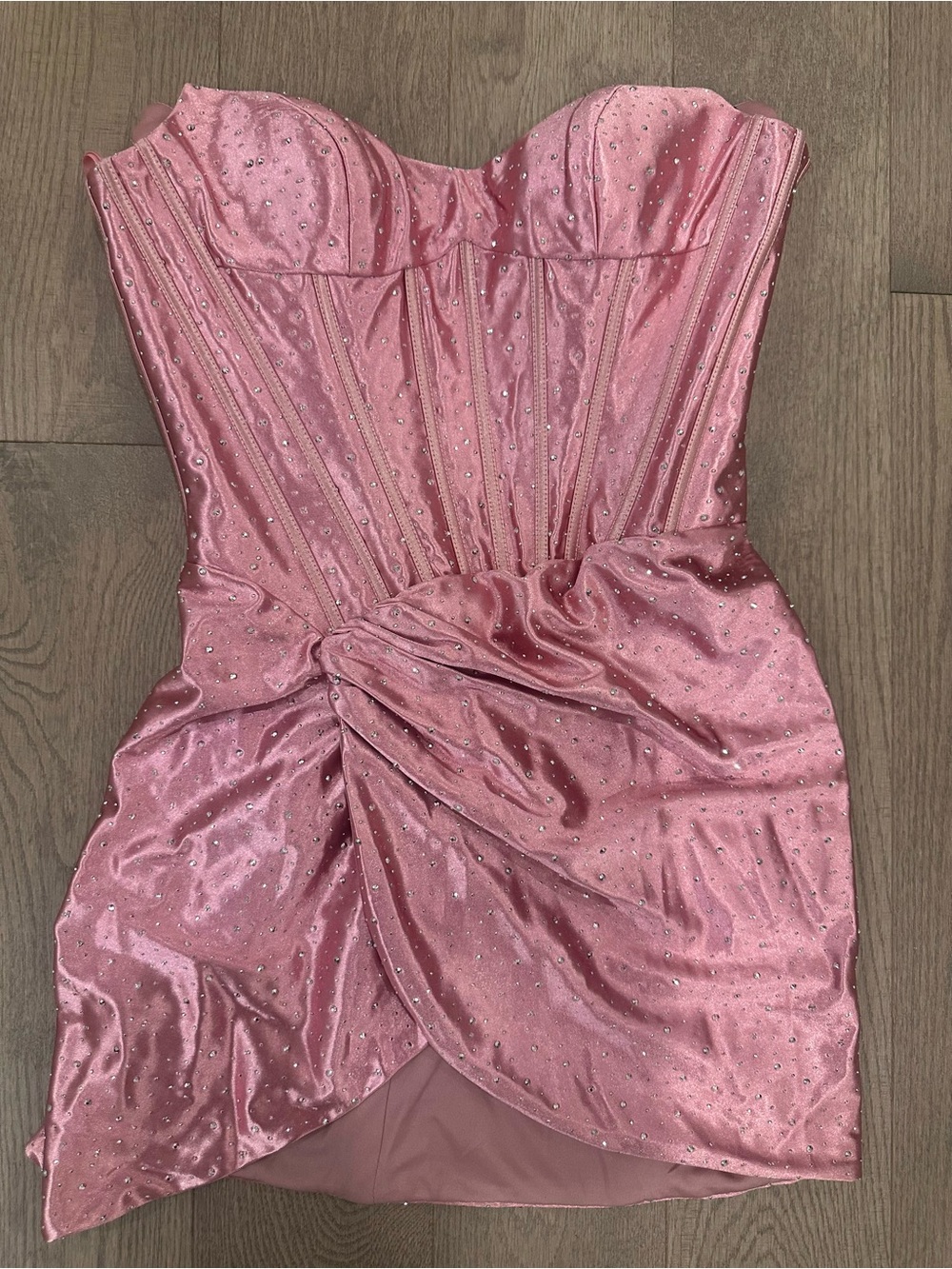 Strapless Pink Satin Rhinestone Cocktail Dress